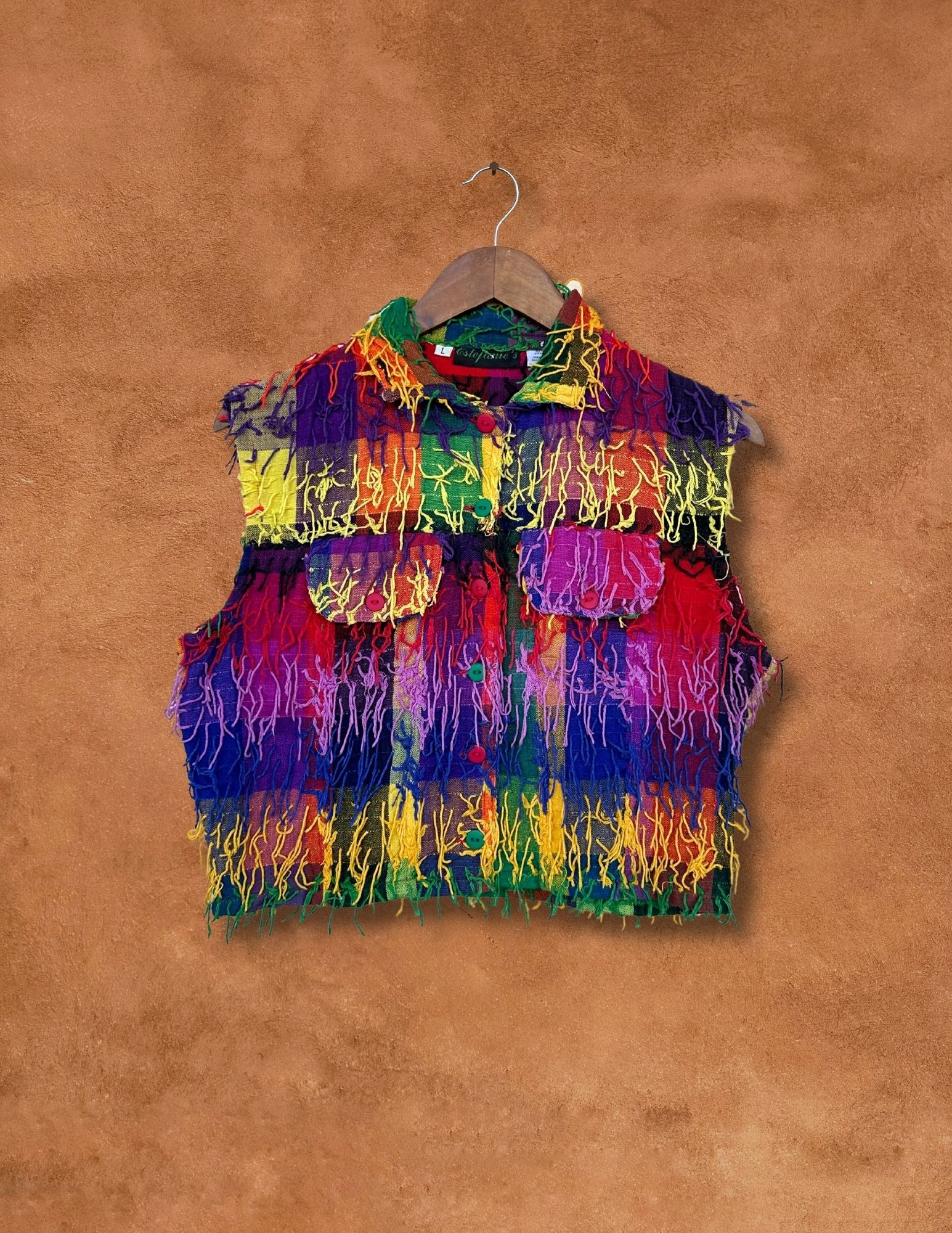 Vintage Rainbow Plaid Fringed Vest