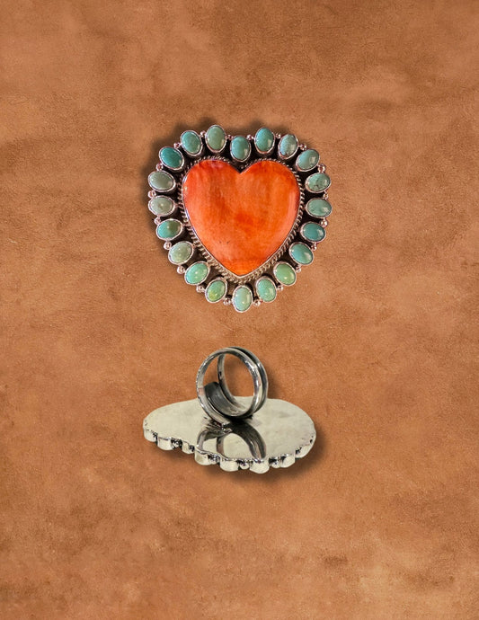 Navajo Made Coral and Turquoise Heart Ring