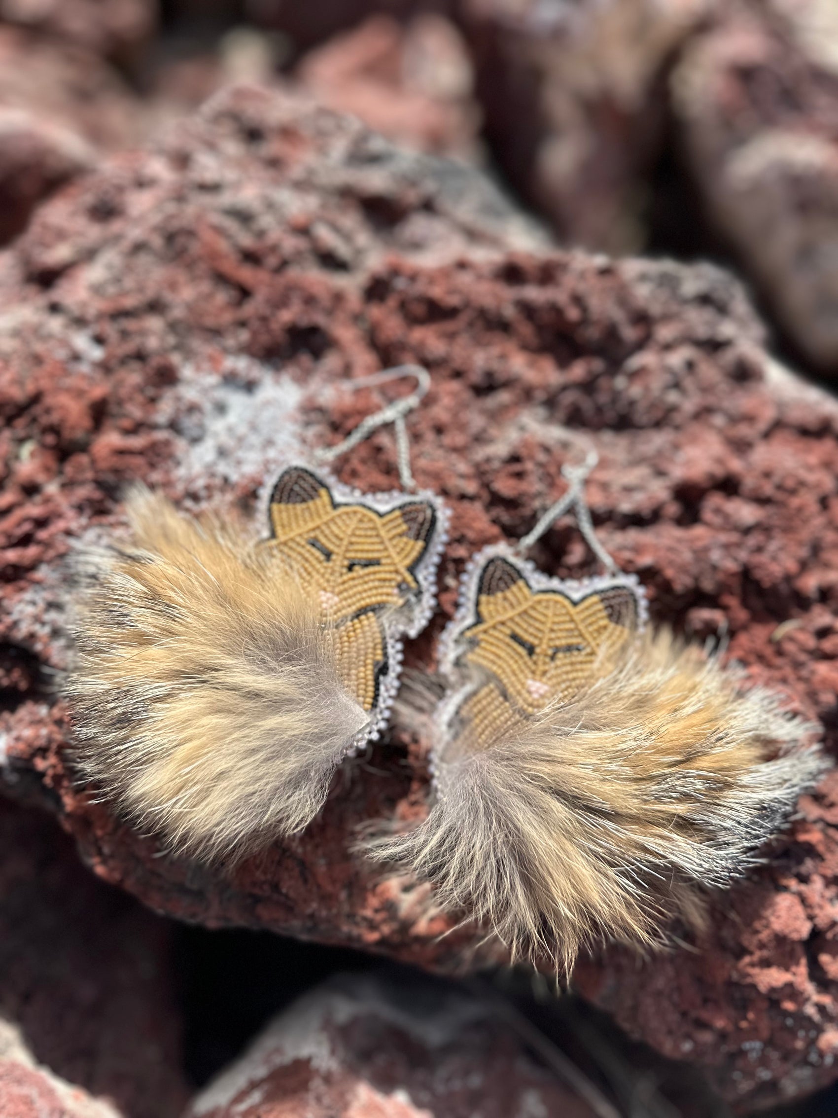 Fox Puff Beaded Earrings by Kisikahwskew Big Bow