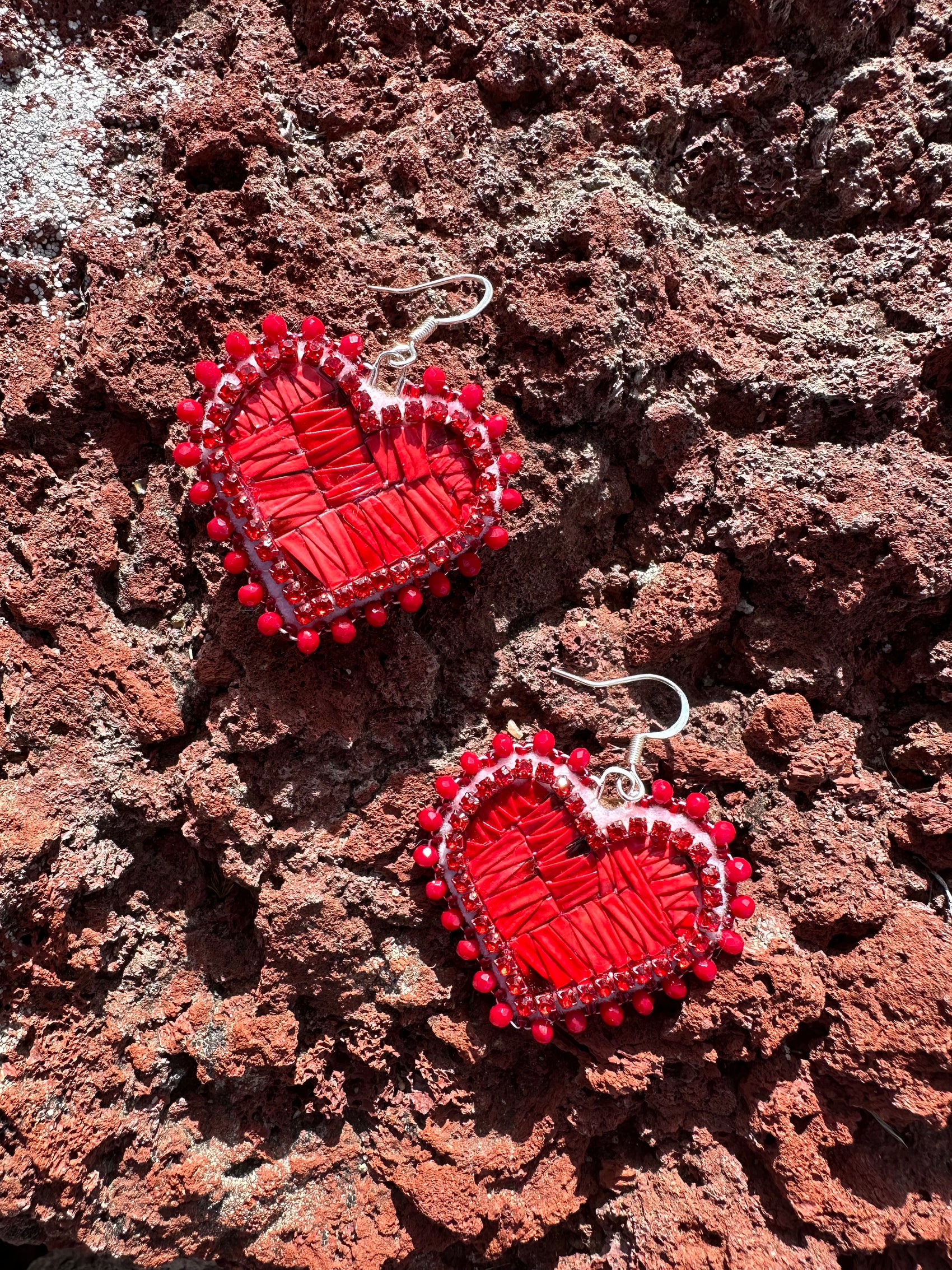 Red Quilled Heart Earrings by Kisikahwskew Big Bow