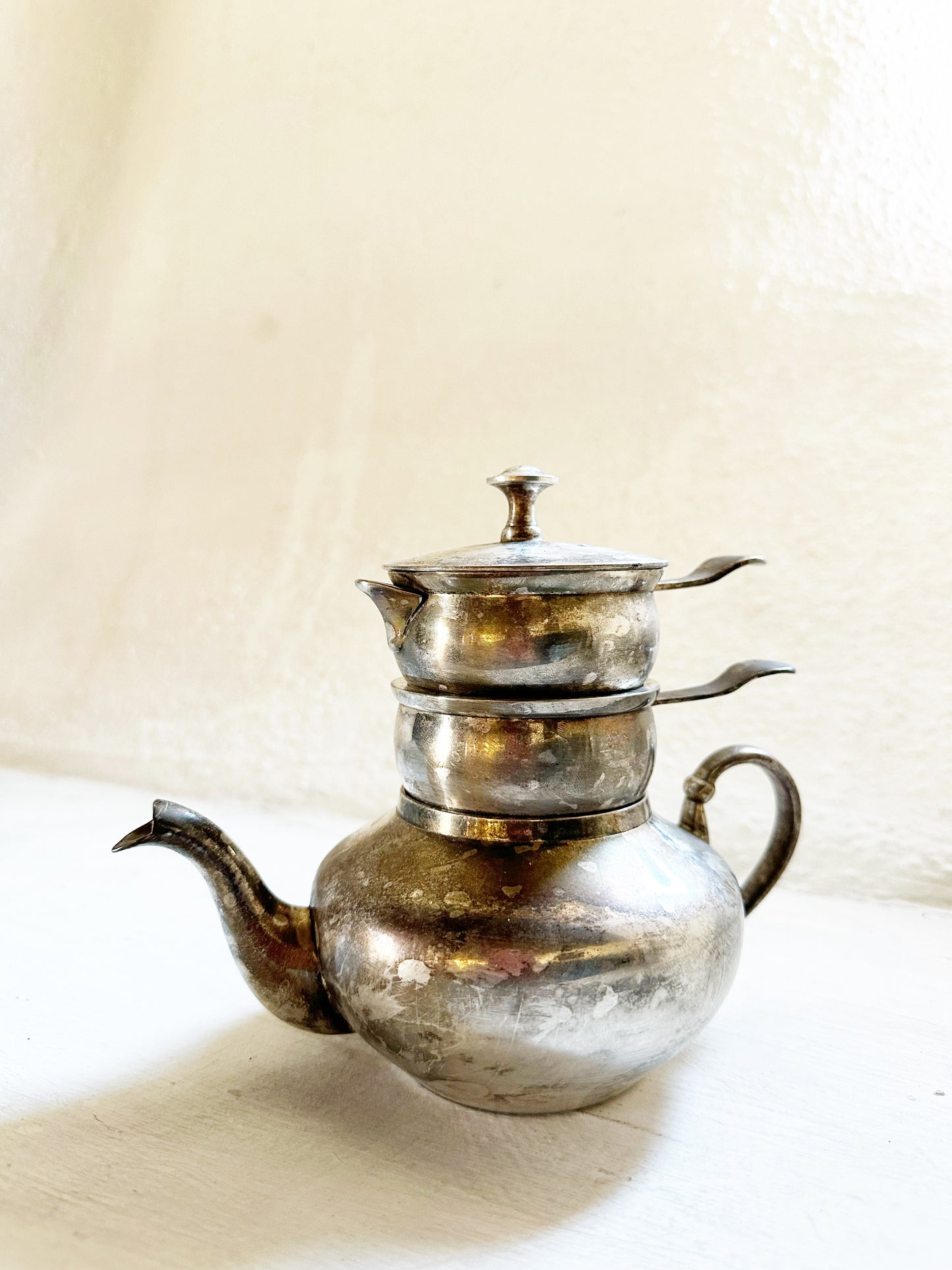 Vintage  India Tea Pot Set Silver Plated Stacking Teapot