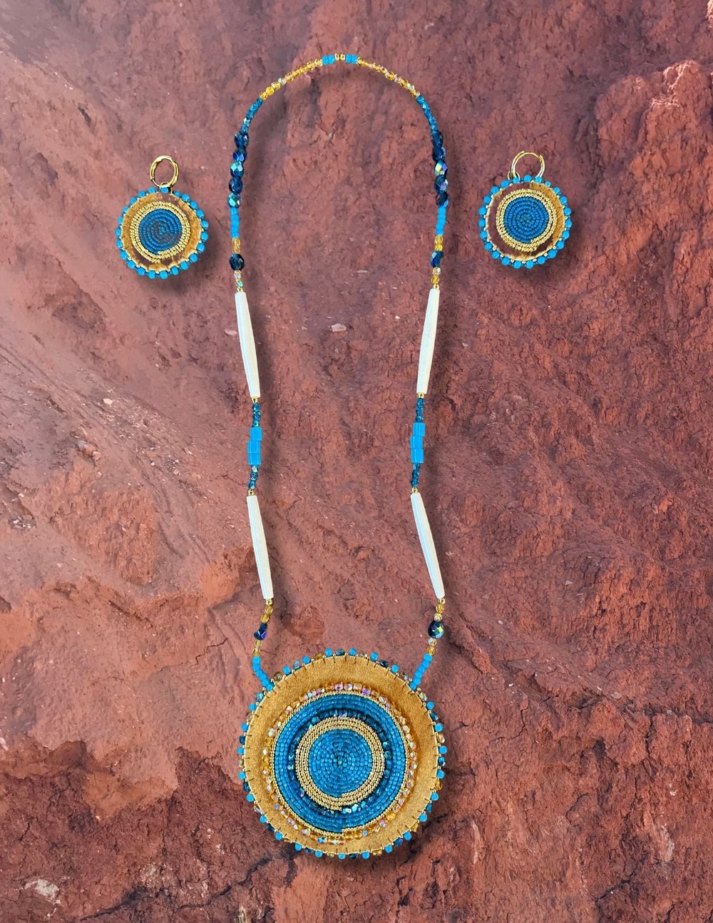 '++ Aqua Blue Medallion Necklace & Earring Set by Kellen Trenal ++