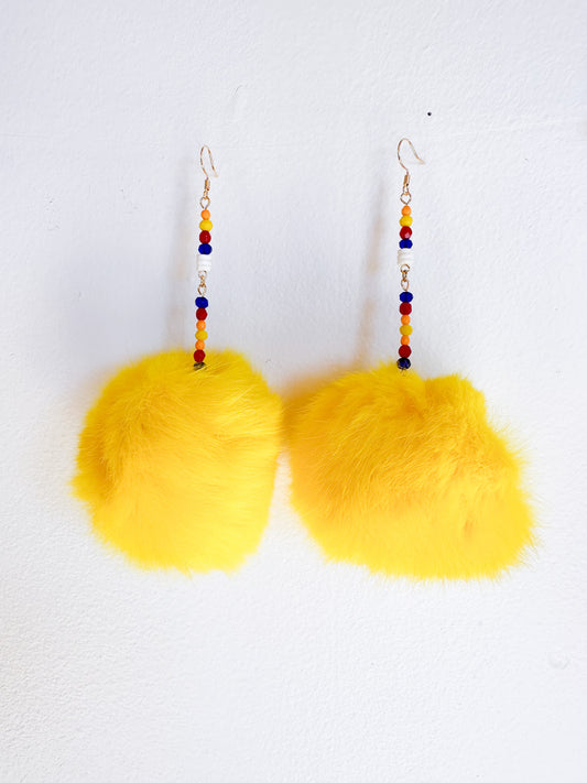 Fur Puff Earrings by Kisikahwskew Big Bow - Sunshine