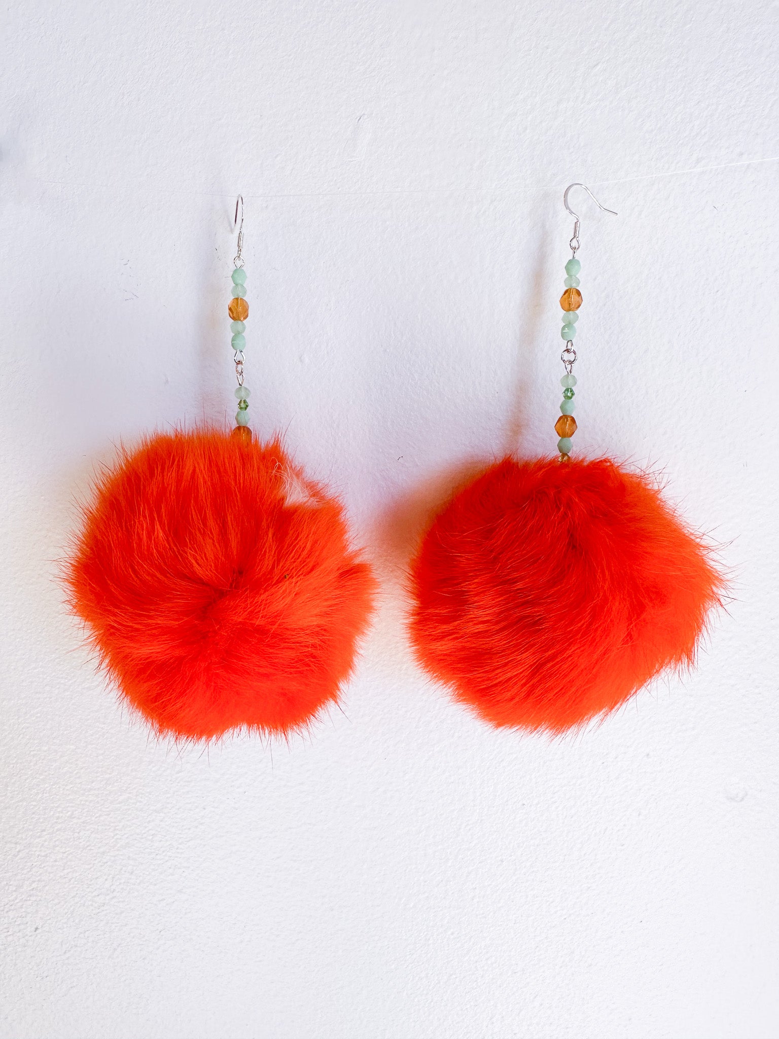 Fur Puff Earrings by Kisikahwskew Big Bow - Tangerine