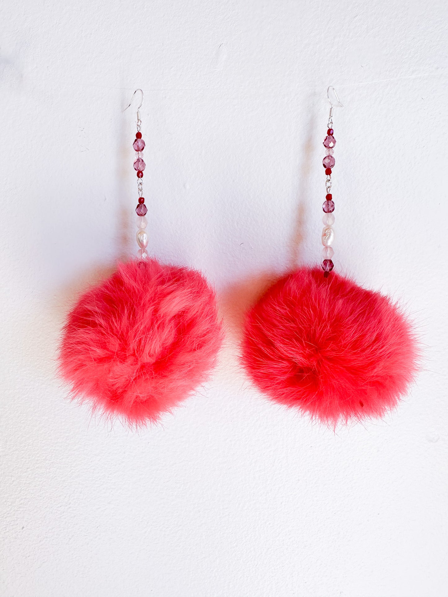 Fur Puff Earrings by Kisikahwskew Big Bow- Bright Coral