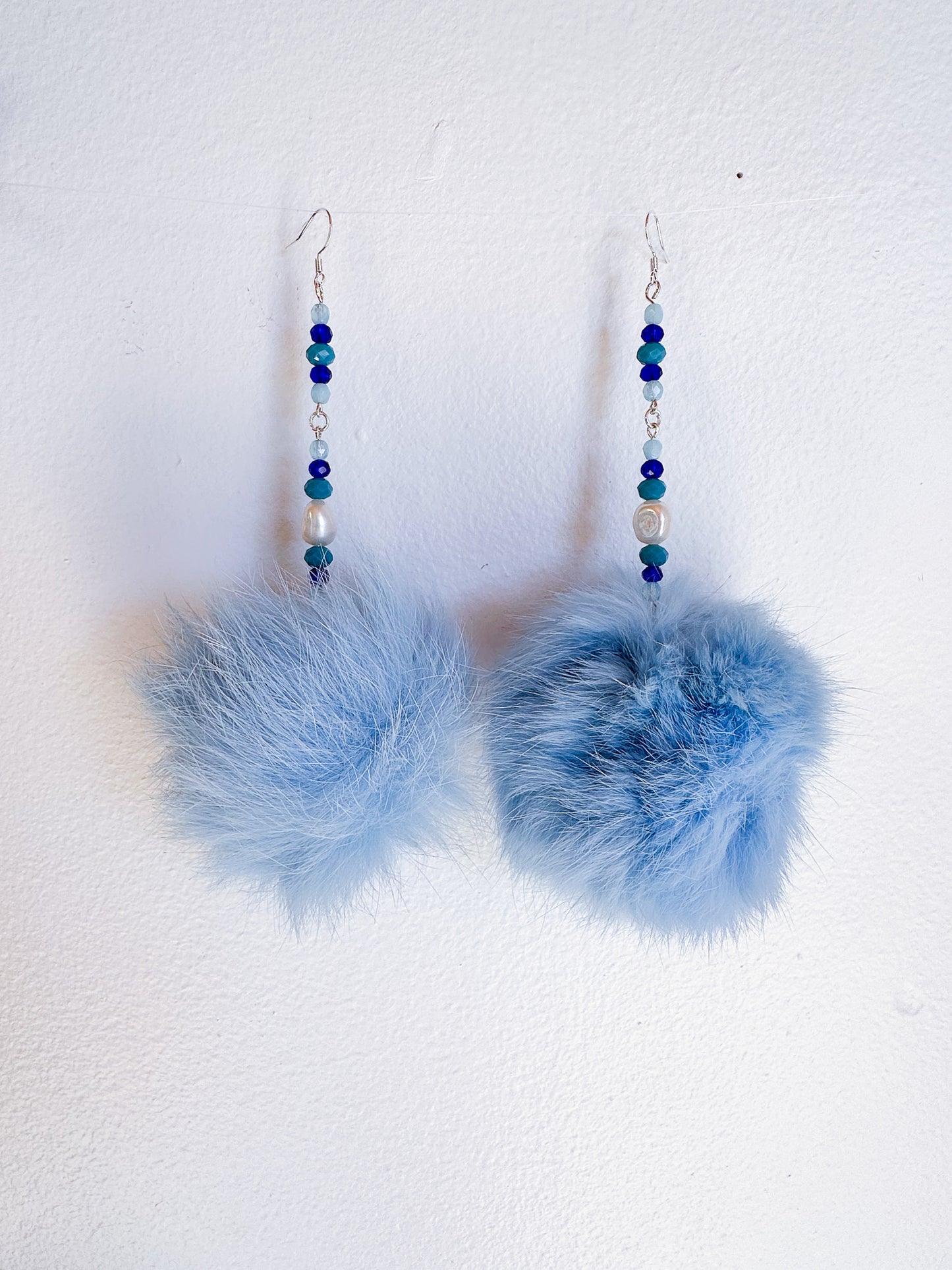 Fur Puff Earrings by Kisikahwskew Big Bow - Baby Blue