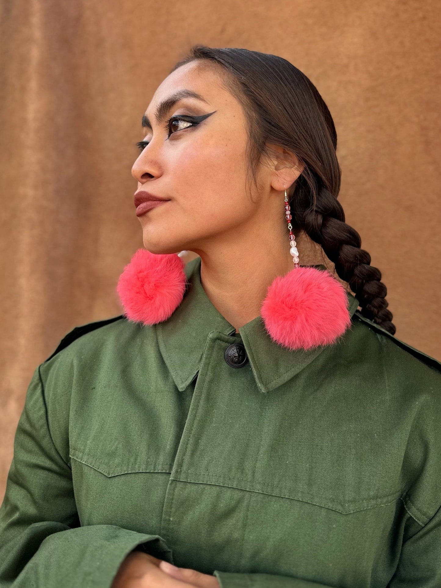 Fur Puff Earrings by Kisikahwskew Big Bow- Bright Coral