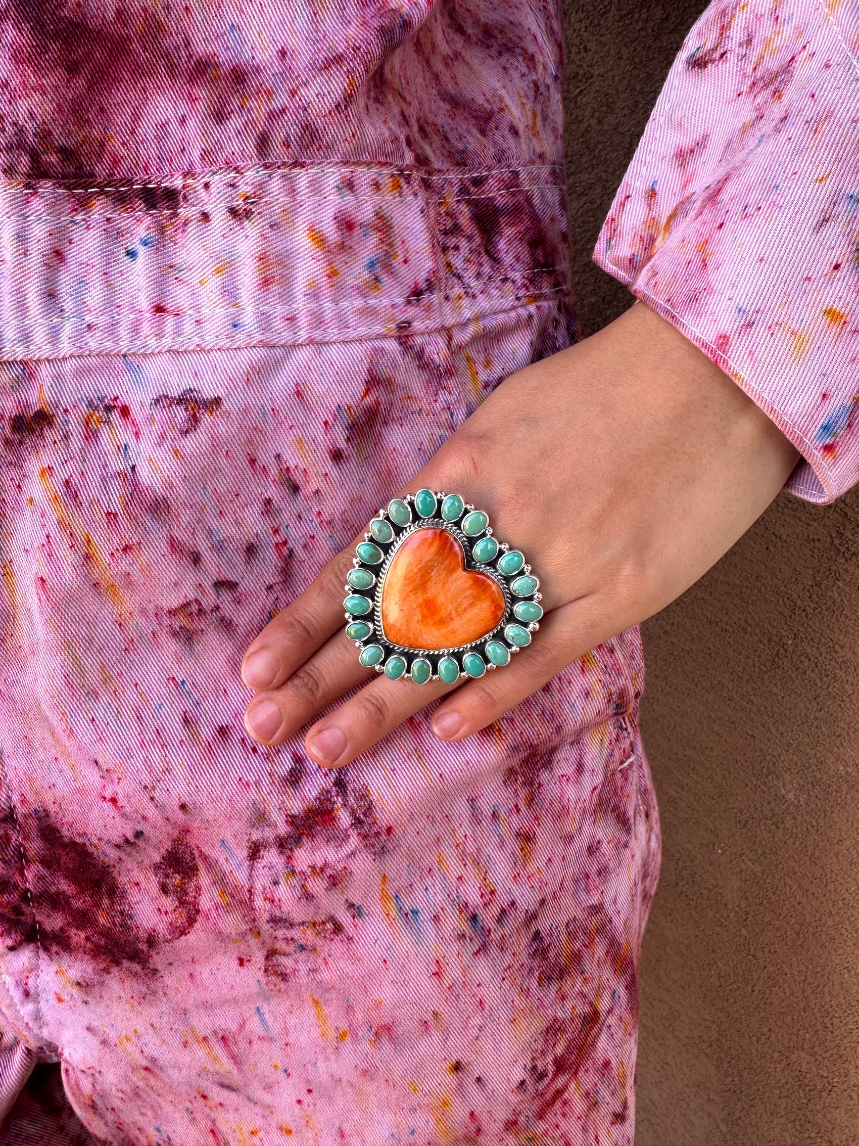 Navajo Made Coral and Turquoise Heart Ring