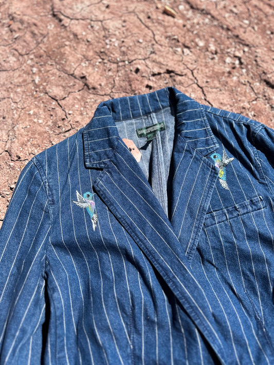 Upcycled Vintage Denim 80s Pinstripe (Dá’itii’hi’) Jacket Handpainted by Emily Jacket