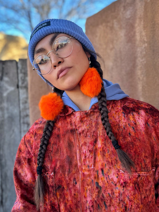 Fur Puff Earrings by Kisikahwskew Big Bow- Tangerine