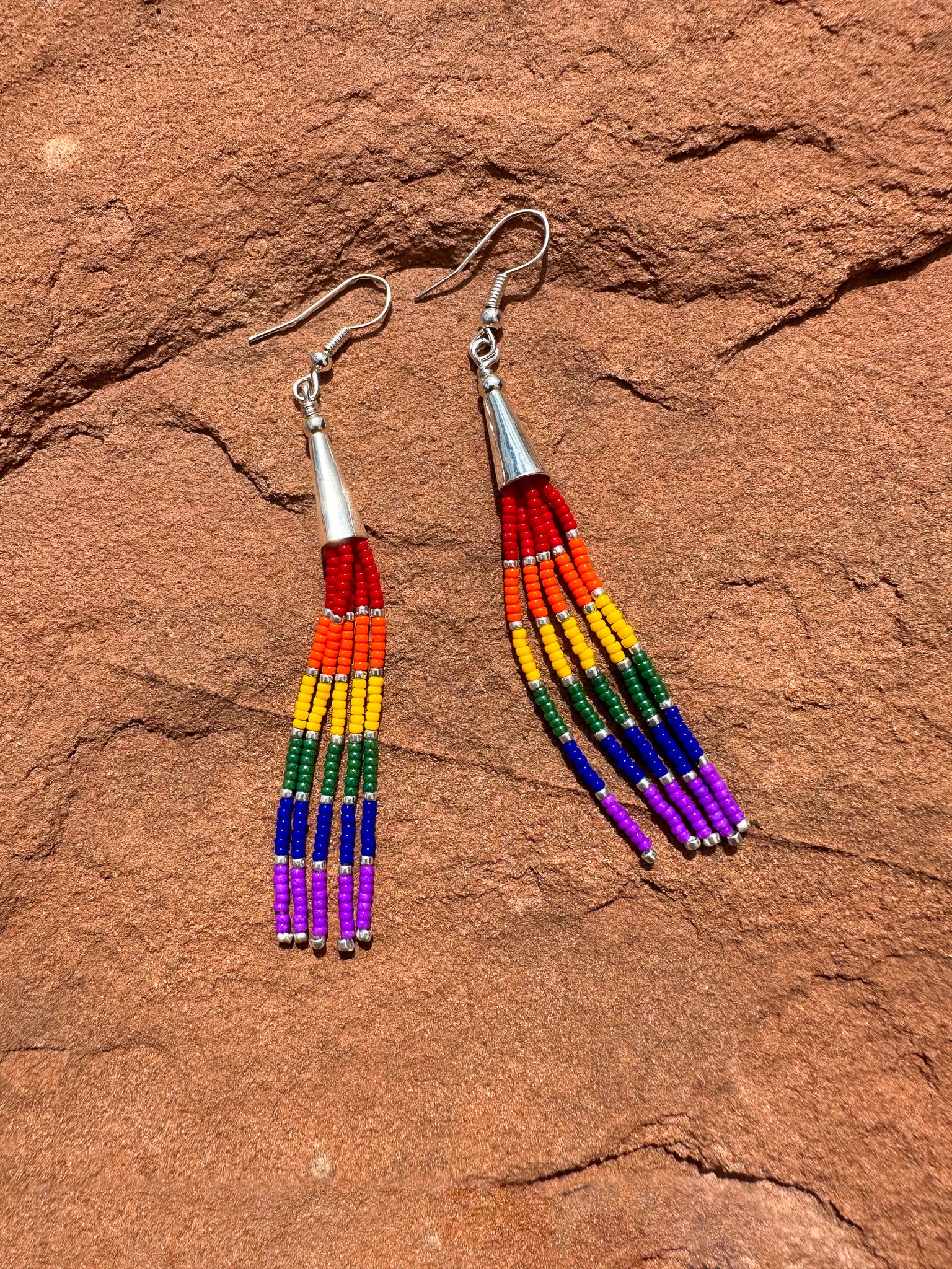 Navajo Made Beaded Rainbow Earrings  2-3/8"