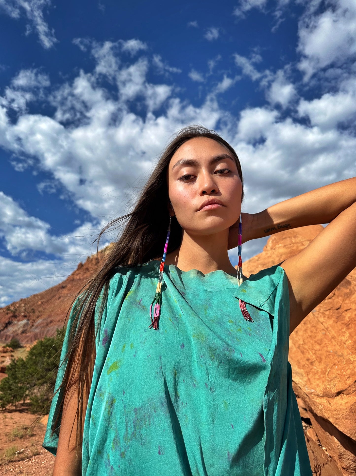 Navajo Made Beaded Rainbow Earrings  10"