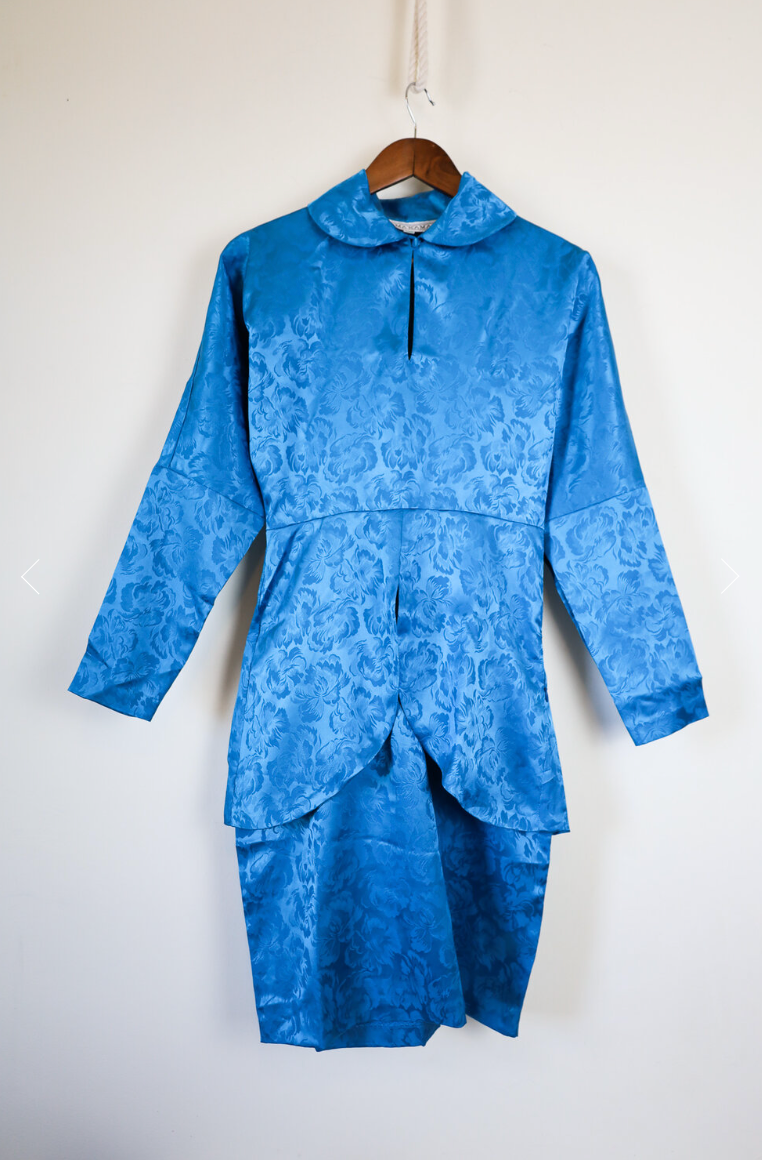 Vintage 80s Norma Kamali Brocade Dress- Vivid Blue