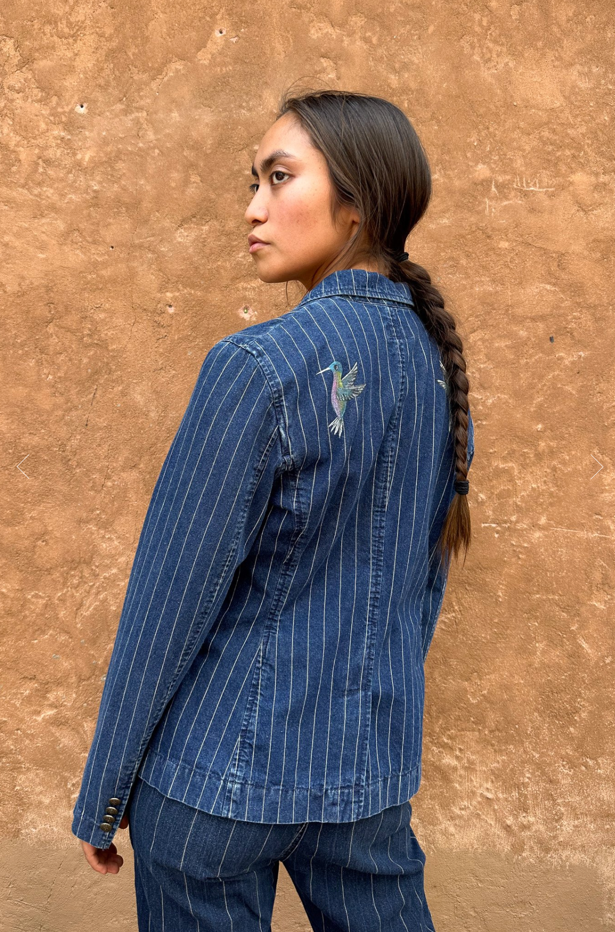 Upcycled Vintage Denim 80s Pinstripe (Dá’itii’hi’) Jacket Handpainted by Emily Jacket